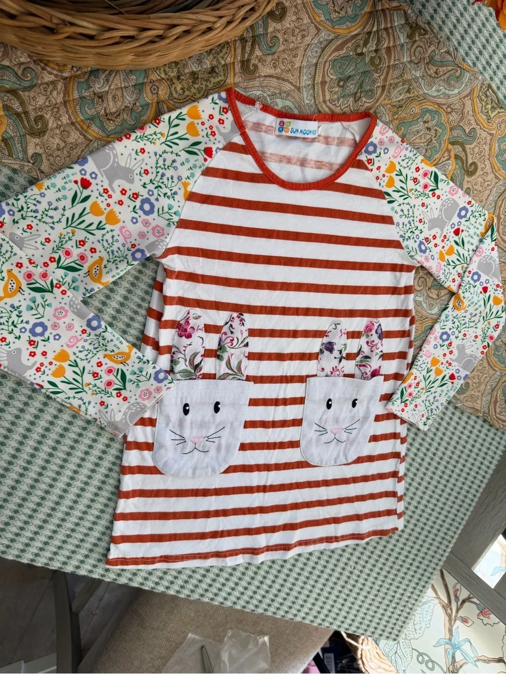 Sun Moon Kids Boutique Toddler Girl Mixed Media Long Sleeve Dress Bunnies Floral